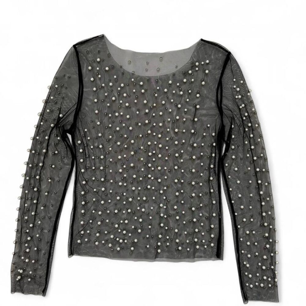Black Sheer Long Sleeve Top with Pearl Detail Size Small - Picture 2 of 7